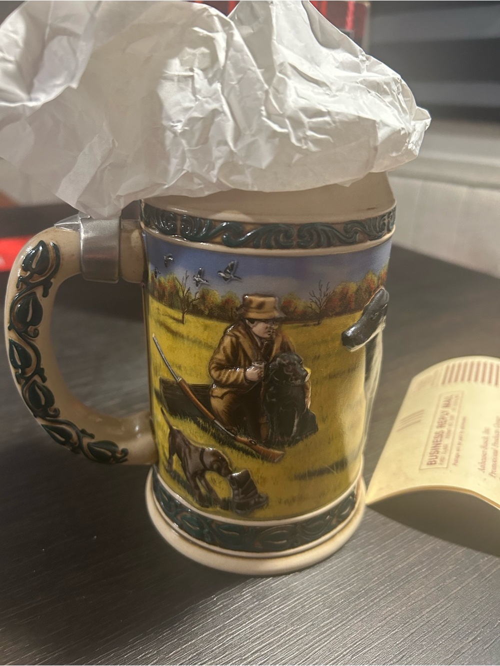Limited edition Budweiser Tan and Green Ceramic Beer Stein with Hunting Relief